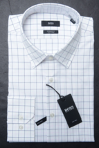 Hugo Boss Men&#39;s Enzo Easy Iron Reg Fit White Check Dress Shirt 38 15 32/33 - $64.14