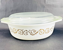 Pyrex Empire Scroll #043 1.5 Quart Gold on White Oval VTG Casserole Dish w Lid - $21.51