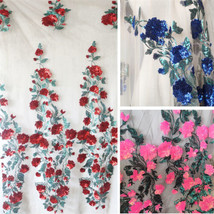 Sequins Rose Embroidery Floral Lace Mesh Fabric DIY Wedding Costume Cloth  - £9.64 GBP