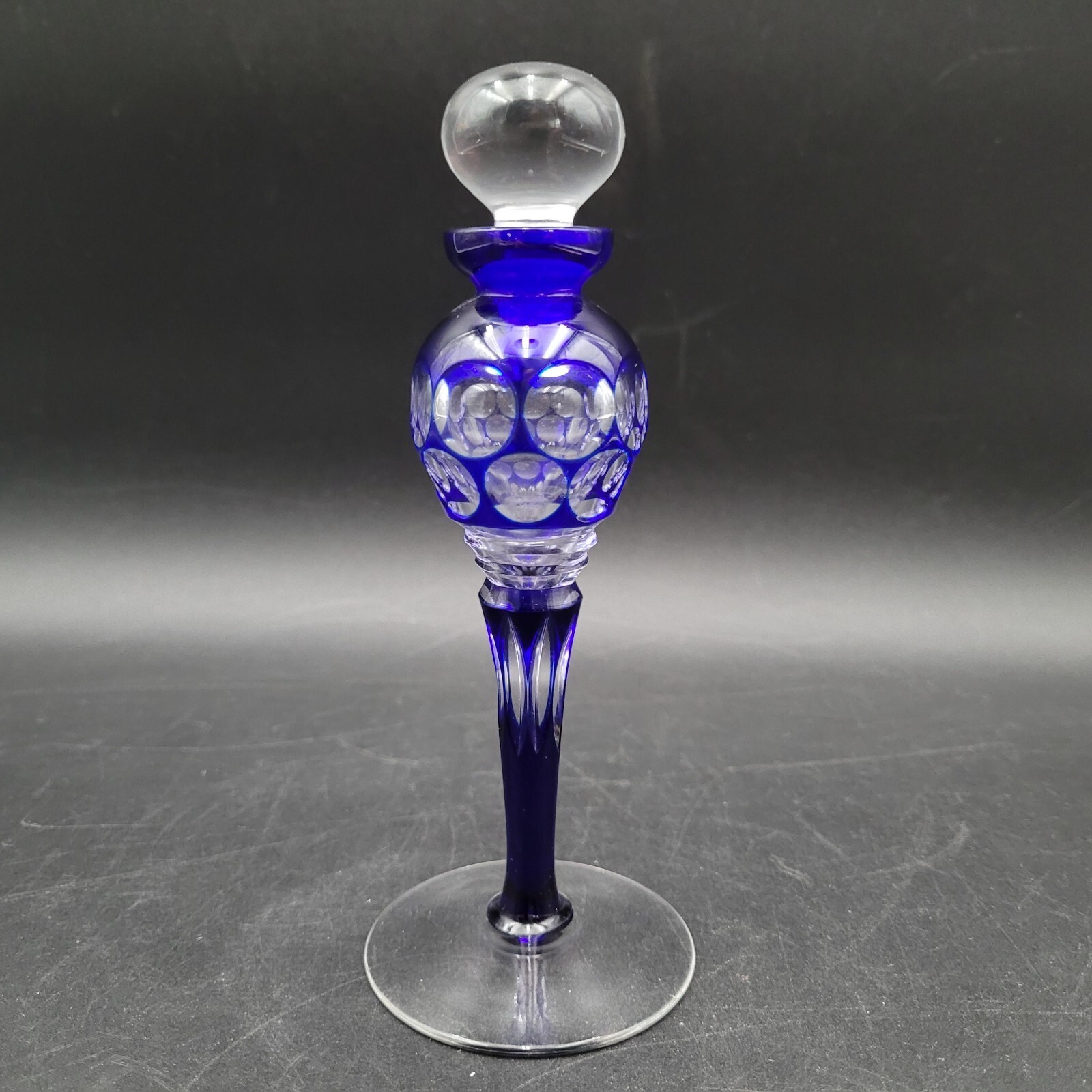 New Cut To Clear Czech Cobalt Blue Round Slender Glass Perfume Bottle - $39.59