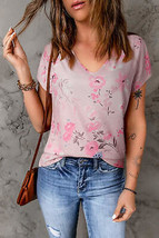 Pink V Neck Floral Print T-shirt - £16.62 GBP