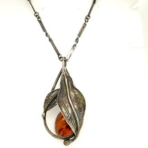 Vtg Sterling Silver Hallmarked Rare Baltic Amber Leaf Design Pendant Necklace 29 - £58.14 GBP