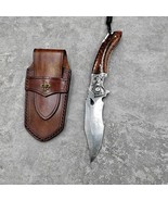 Japanese Damascus steel folding tactical pocket surviva knife with leath... - £112.41 GBP