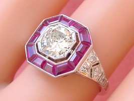 Art Deco 1.10 Ct Diamond Ruby Halo Platinum Engagement Cocktail Octagon Ring - £5,180.57 GBP