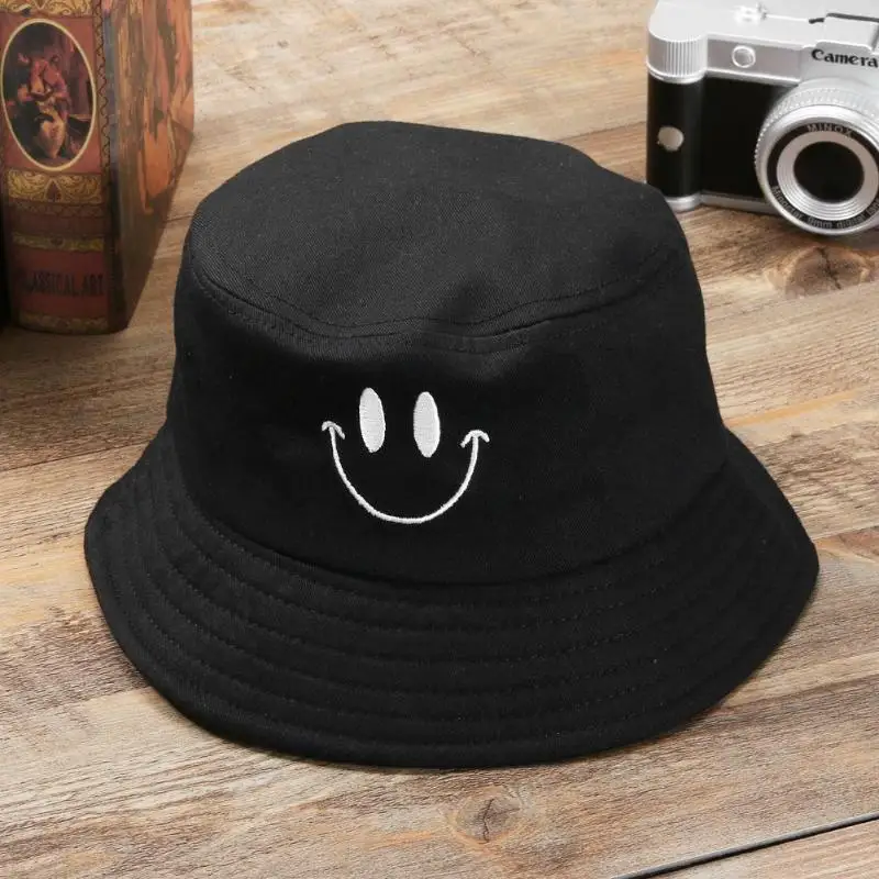 Smile Face Embroidery  Summer Bucket Hat Men&#39;s Pure Color Panama Fedoras Outdoor - £11.23 GBP