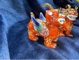 Vintage Gold Two Ceramic Lion/Dragon Figurines Asian Very Detailed Hand Paint... - £79.15 GBP