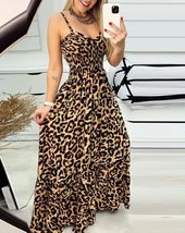 2023 Spring Fashion Leopard Print Shirred Casual V-Neck Sleeveless Cami Maxi A L - £29.53 GBP