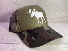 New Moose Hunting Green Camo Hat 5 Panel High Crown Trucker Snapback Vtg - £19.08 GBP