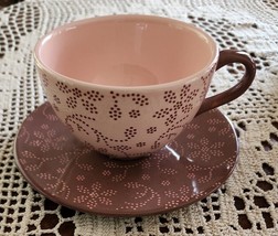 Four (4) ~ Basis Brand ~ Brown &amp; Pink Floral Ceramic Cup &amp; Saucer Sets ~ 190762 - £35.56 GBP