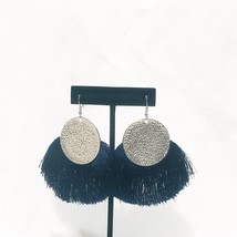 Dark Blue Tassel Fan Fringe Earrings Silver Tone Pierced 2.5&quot; Metal  Boho Style - £11.68 GBP