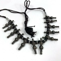 Vintage Ethnic Tribal Boho Necklace Metal Dangles Black String Cord - £23.34 GBP