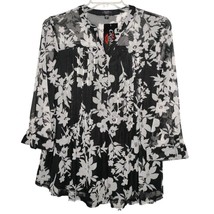 NWT Cocomo Plus Size 1X Black &amp; White Floral Print Pintuck 3/4 Sleeve Blouse Top - $31.49