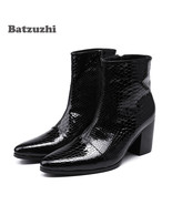 Men&#39;s 7CM High Heels Boots Pointed Toe Black Leather Ankle Boots - $149.95