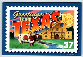 Greetings From Texas Large Letter Chrome Postcard USPS 2001 Cattle Yellow Rose - £6.84 GBP