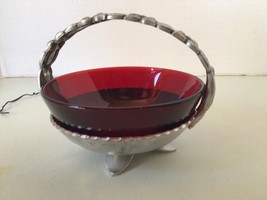 Beautiful Ruby Red Bowl / Dish in a Detailed Pewter Basket 4.5&quot; Candy Nut - $9.90