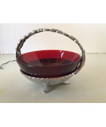 Beautiful Ruby Red Bowl / Dish in a Detailed Pewter Basket 4.5&quot; Candy Nut - $13.73 CAD