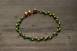 Green Beaded Anklet, Dainty Beach Ankle Bracelet, Bohemian Hippie Foot Bracelet  - £13.55 GBP