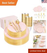 350PCS Pink and Gold Plastic Plates - Pink Disposable Plastic Dinnerware... - $87.58