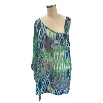 CHICOS Travelers Collection Ikat Asymmetrical Top Size 3 Blue Green - $25.04