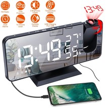 7.5 Digital Snooze Dual Alarm Clock with Projection FM Radio Mirror LED ... - £36.97 GBP