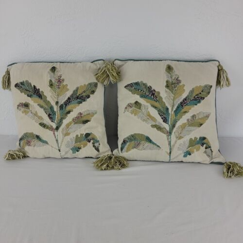 Summer Floral Embroidered Pillows Pair Tassel Tropical Palm 18" Handmade Lot 2 - $36.95