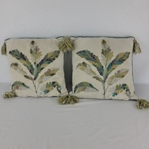 Summer Floral Embroidered Pillows Pair Tassel Tropical Palm 18&quot; Handmade... - $36.95