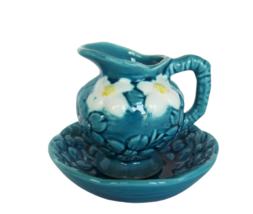 Vtg Spin Japan blue white &amp; yellow glaze ceramic mini water pitcher &amp; basin set - £15.81 GBP