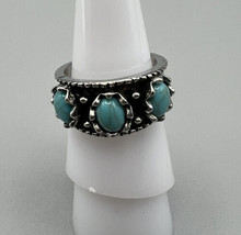 Jewelry Ring Handmade Silver Tone Faux Three Turquoise Filigree Size 6.75 - £6.17 GBP