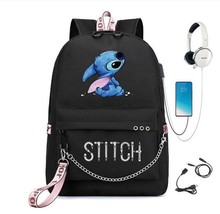 Disney New Kawaii Stitch Bag Zipper USB Charging Mochila Capacity Backpack Women - £37.95 GBP