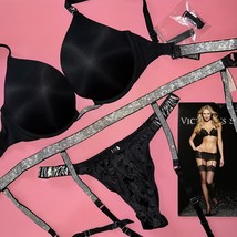 Victoria&#39;s Secret 32B,34B,34C,34DD Bra Set+Garter Black Shine Strap Convertible - £95.55 GBP