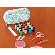 Sewing Kit Medallions Zippered Pouch Blue Pink Thread Shears Button Safe... - £19.42 GBP