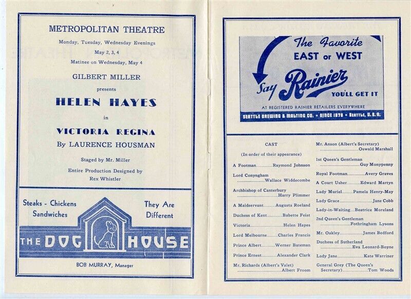 Helen Hayes Victoria Regina Program 1937 Metropolitan Theatre Seattle ...