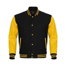 Varsity Jacket Letterman Jacket Baseball Jacket Black Body Yellow Leathe... - £65.39 GBP+