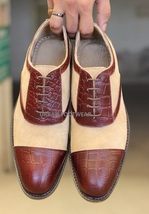 New Men&#39;s Handmade Burgundy Crocodile Textured Leather &amp; Beige Suede Stylish  - £114.76 GBP