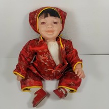 Sitting Baby Doll Red Asian Outfit Long Eyelashes Dimples Hinged Cloth Body - £15.18 GBP