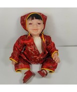 Sitting Baby Doll Red Asian Outfit Long Eyelashes Dimples Hinged Cloth Body - £14.94 GBP