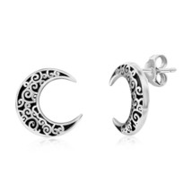 Sterling Silver Oxidized Crescent Moon Filigree Design Stud Earrings - £37.56 GBP