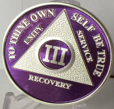 Purple &amp; Silver Plated 3 Year AA Chip Alcoholics Anonymous Medallion Coin Three - £16.29 GBP