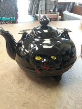 Rare Find Redware Cat Teapot..Black Pottery..Black Cat..Yellow Eyes..Red Bow - $21.99