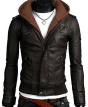 Handmade New Men Stylish Hooded with Brown Leather Jacket, Leather jacke... - $143.99