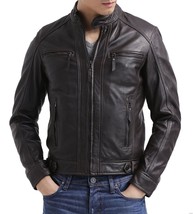 Men&#39;s Genuine Lambskin Leather Jacket Black Slim fit Motorcycle jacket -... - $117.50