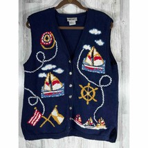 Kathie Lee Cardigan Sweater Vest Navy Blue Nautical Embroidered Medium - £15.80 GBP