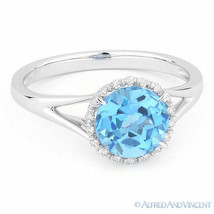 1.88 ct Round Cut Blue Topaz Diamond Halo Engagement Promise Ring 14k White Gold - £358.01 GBP