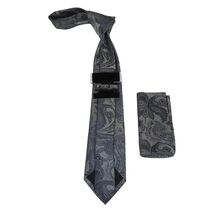 Men's Stacy Adams Tie and Hankie Set Woven Silky Satin #SAT104 Gray Paisley image 2