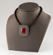 Carolyn Pollack Sterling Silver Carnelian Pendant Necklace on Braided Leather - £281.61 GBP