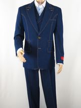 Men Denim Suit Royal Diamond 3 Piece vested Wide Leg Pleated Pants Den10 Blue image 12