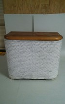 001B Vintage White Wicker Clothes Hamper Wood Lid Top 20x16.5x11 - $29.99