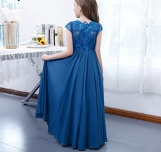 Royal Blue Chiffon Lace Flower Girls Dress Cap Sleeves A-Line Junior Bridesmaid  - £143.16 GBP
