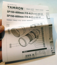 Tamron SAP 150-600mm f5-6.3 VC G2 USD Lens Instruction Manual Guide - $22.87