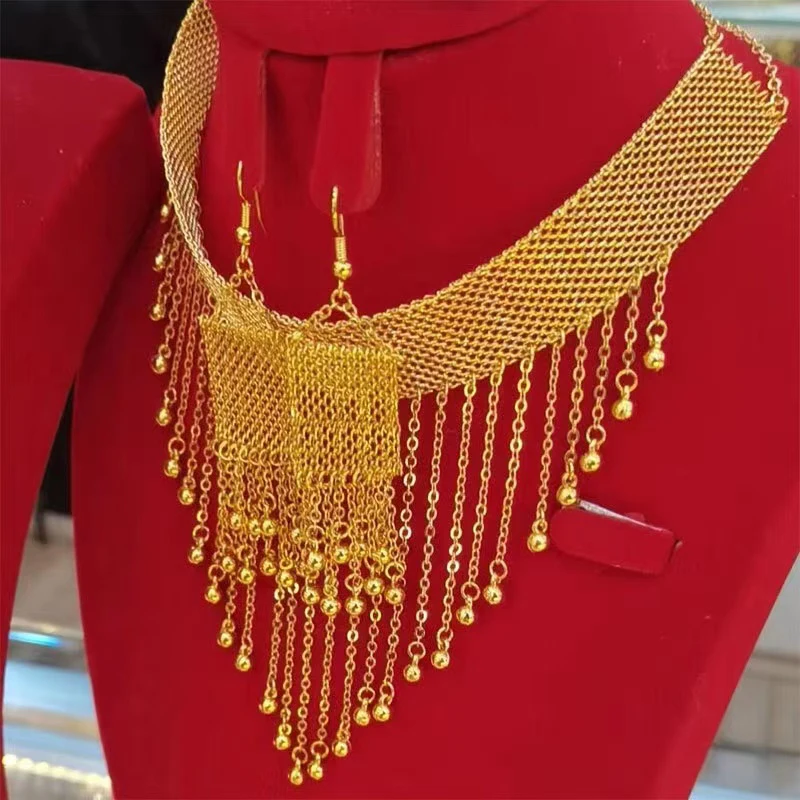 Dubai Gol Metal Necklace Earrings Set Luxury Tassel Pendant Design Bridal Jewelr - £19.90 GBP